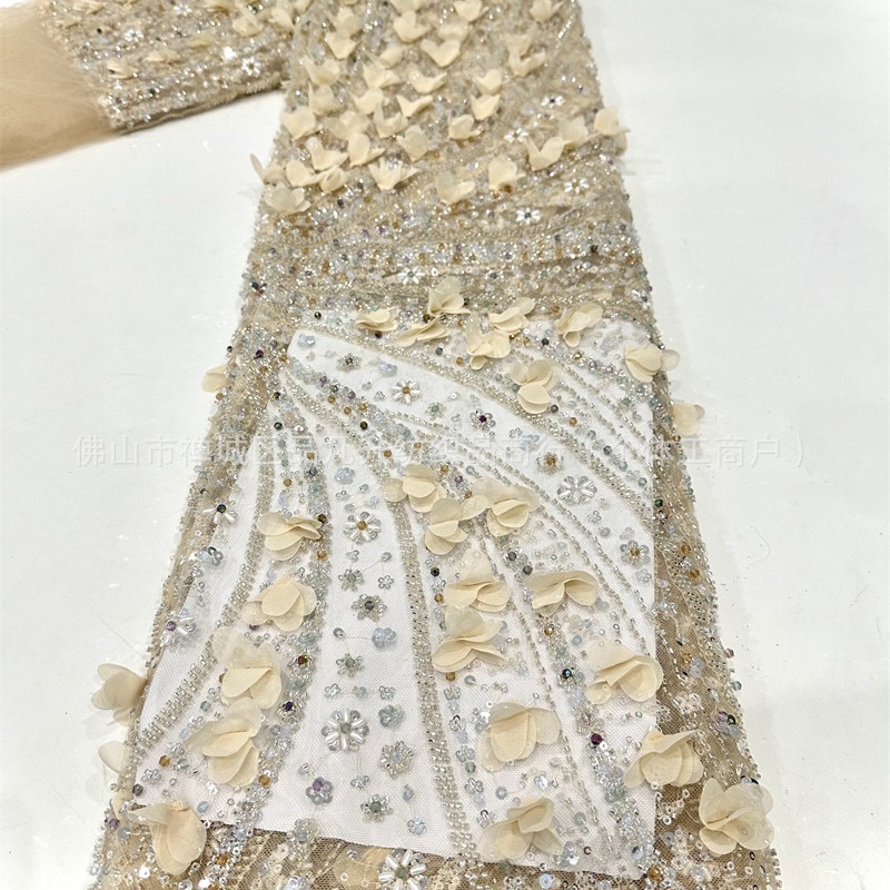 Tejido de bordado de tubo de perlas decalcado a mano diseño ligero lujoso de moda espectáculo de escenario vestido de tela de encaje