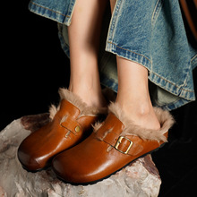 很舒服兔毛牛皮勃肯外穿拖鞋2024厚底中跟皮带扣真皮后空毛毛单鞋