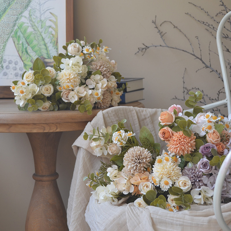 Simulated flower autumn color retro small bunch 7-pronged hydrangea rose wedding arch road leading flower decoration fake flower chamomile