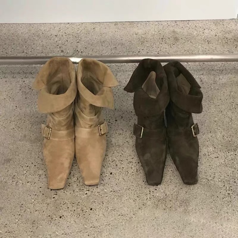 2025韩版新款小众设计复古法式短靴小方头西部靴麂皮中筒靴女靴子