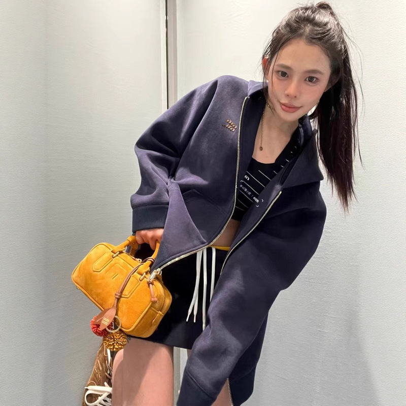 原标MIU缪家网红款徽标LOGO皮标藏青色太空棉连帽夹克外套男女|undefined