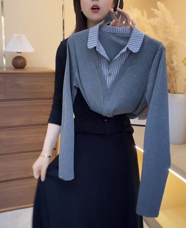 批发中年妈妈装女士2025早秋新款时尚假两件长袖打底衫显瘦polo领|undefined