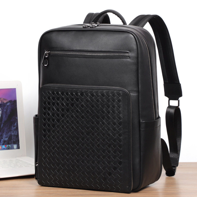 Ba lô nam da bò thật dệt đan, ngăn đựng laptop 15,6 inch, dung tích lớn — Màu đen