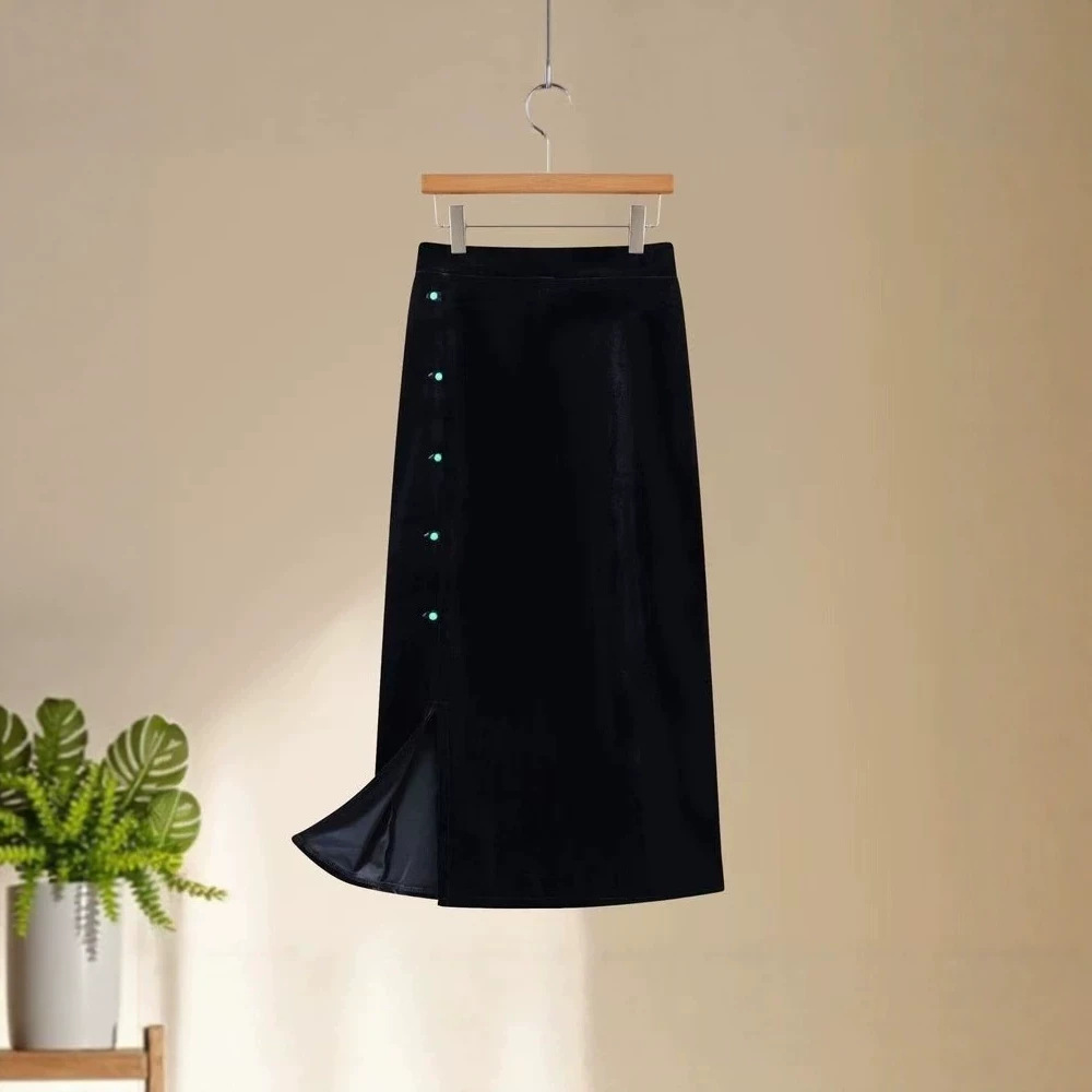 Women's velvet midi skirt, autumn style, new Chinese style, frog button, slit, mid-length skirt, high-waisted A-line skirt.