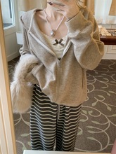 复古慵懒风连帽长袖卫衣外套女秋季美式休闲开衫简约宽松拉链上衣