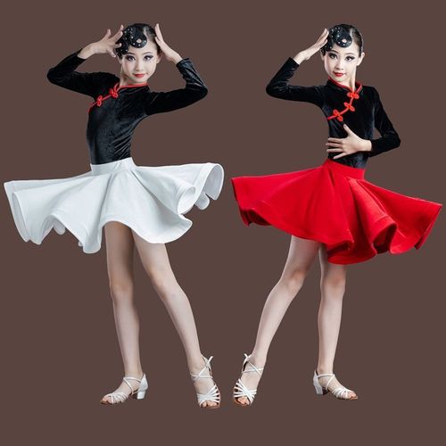 Kids girls black red velvet Latin dance dresses long sleeves professional competition latin ballroom dance costumes for children