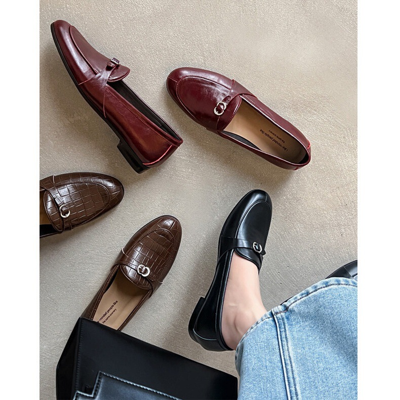 Genuine Leather French Retro British Crocodile Pattern High-End Old Money Niche Round-Toe Slip-On Loafers Women's Leather Shoes