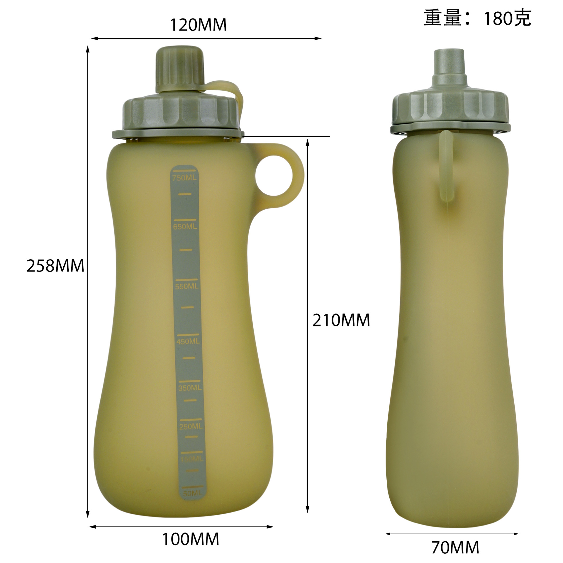 Botella de agua de silicona deportiva al aire libre de gran capacidad de 750ml de montaña de viaje en bicicleta taza de agua recta con botella de almacenamiento de agua de mano
