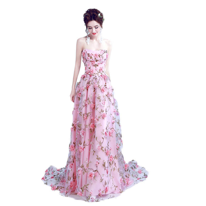 Damenbekleidung neues bohnenrosa Tube Top Braut Hochzeitsbankett Jahresversammlung Abendkleid_voghion.com
