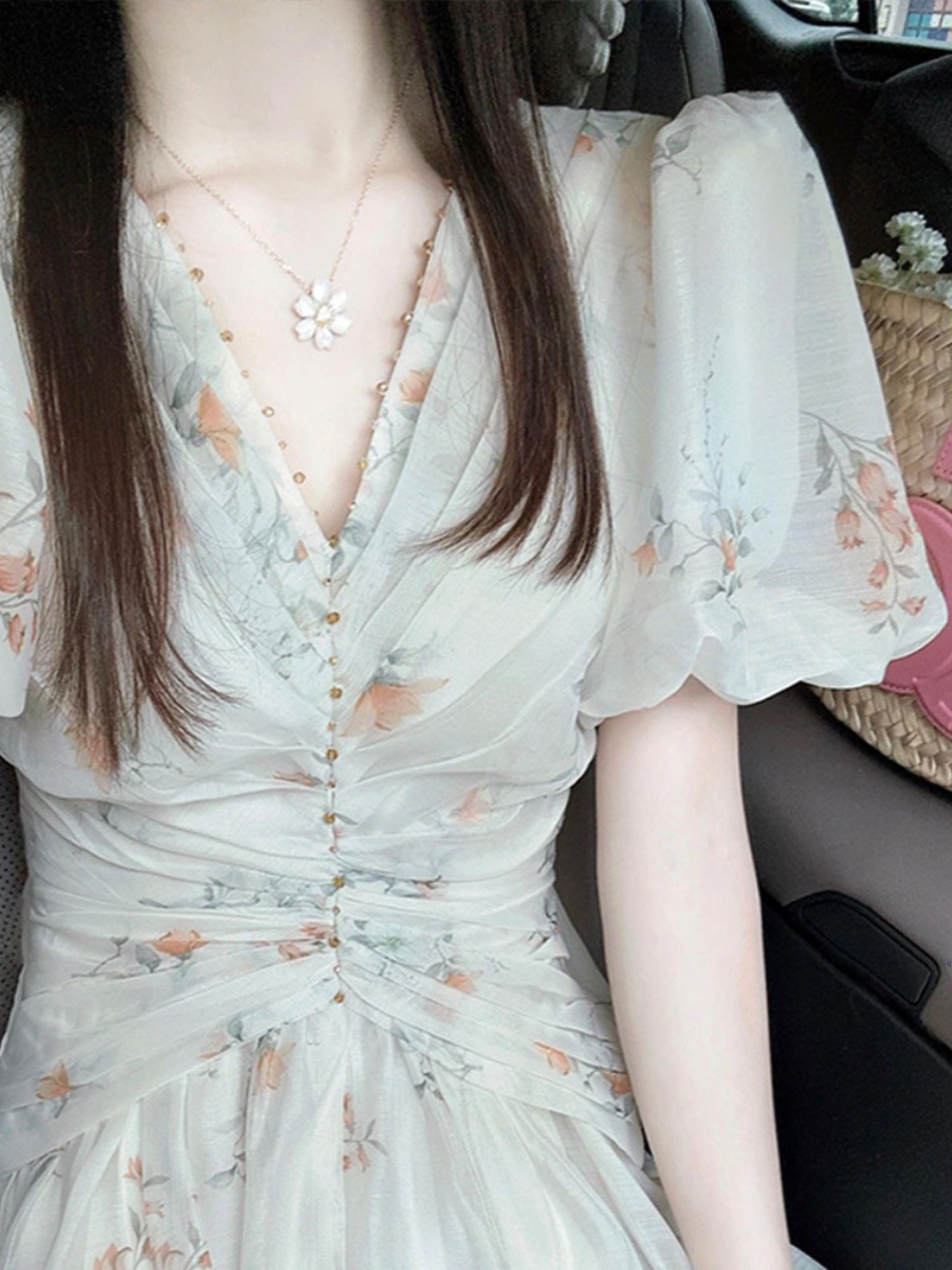 Váy liền hoa cổ chữ V tay bồng dáng dài mùa hè — Màu xanh lục nhạt chi tiết 3