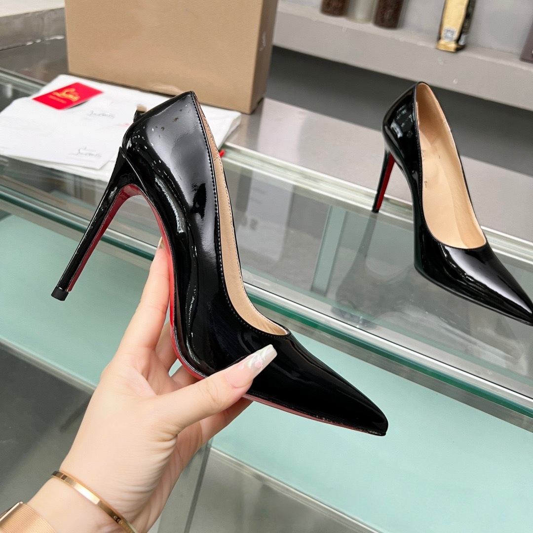 Red-Soled Stiletto High Heels for Women, Pointed-Toe Patent Leather Shoes with Wavy Edges, Suitable for Work, Office, Parties, and Evening Wear