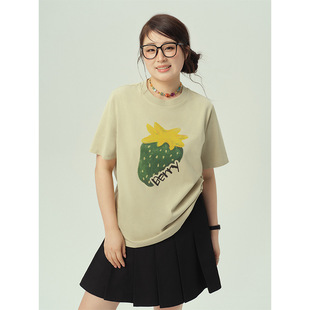 Plus Size Women's Spring and Summer Letter Printed Painted Strawberry Short-Sleeved Round Neck T-Shirt Loose Pure Cotton Simple Versatile Top