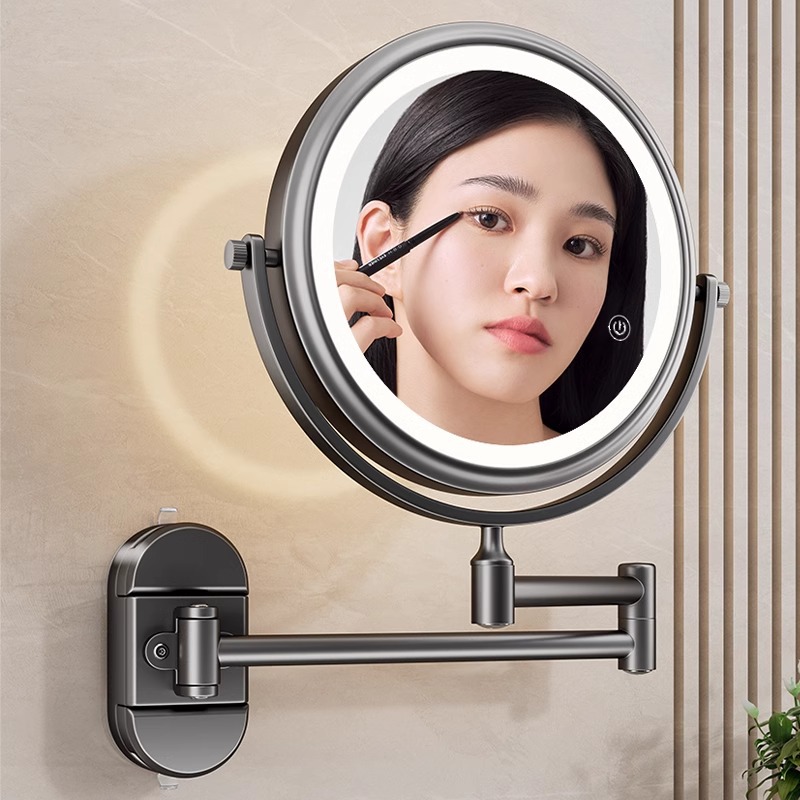 Suction cup makeup mirror with led lamp toilet bathroom non-perforated magnified mirror hotel folding wall-mounted beauty mirror