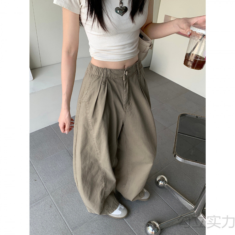 美式复古卡其色弯刀裤做旧牛仔裤女夏季显瘦百搭宽松阔腿裤长裤子|undefined