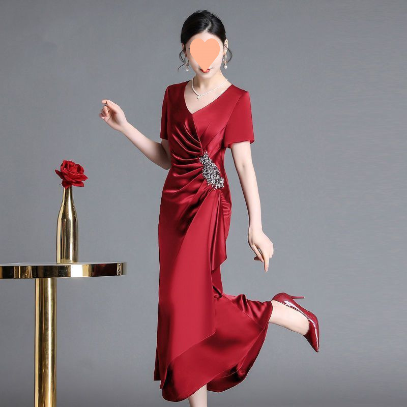 时尚高端喜婆婆婚宴礼服裙晚礼服夏季新款纯色重工镶钻长款连衣裙|undefined