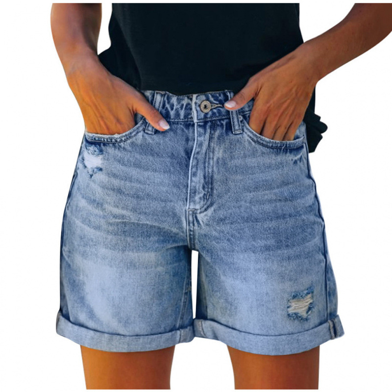 High waisted fashionable distressed washed tassel ripped denim shorts women's hot pants_voghion.com