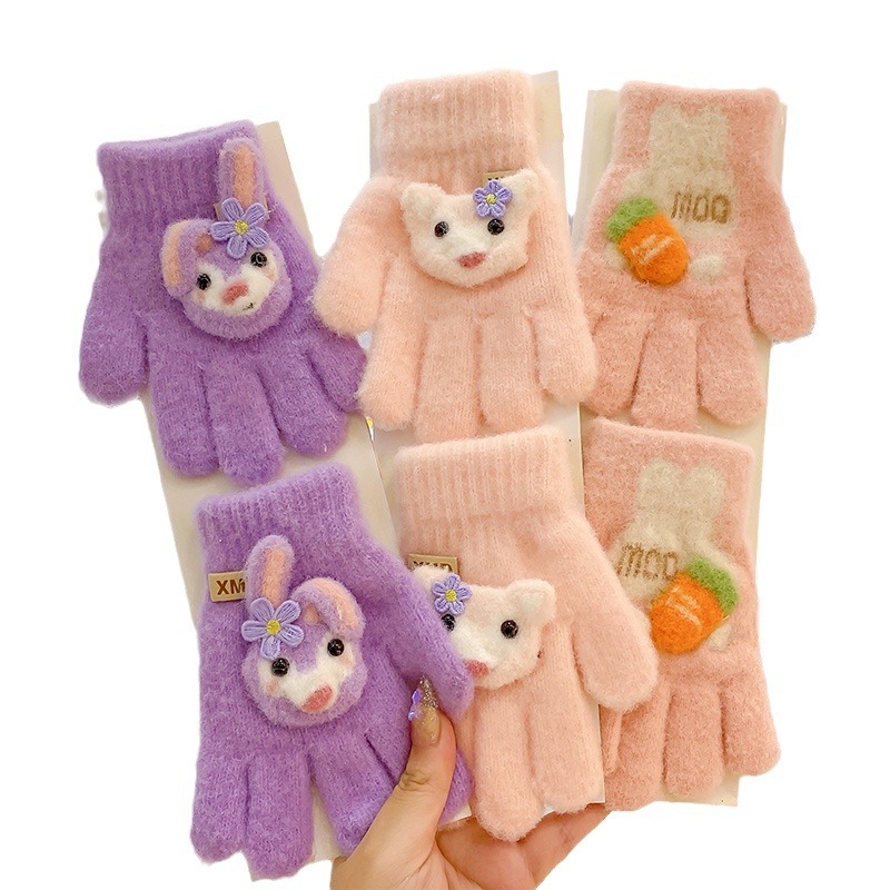 Children's Gloves Autumn and Winter Girls Cute Knitted Five-Finger Warm Sub-Finger Boys' and Girls' Cartoon Baby Five-Finger Set