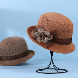 跨境新款春夏季针织帽子镂空透气花朵优雅卷边礼帽女遮阳防晒盆帽
