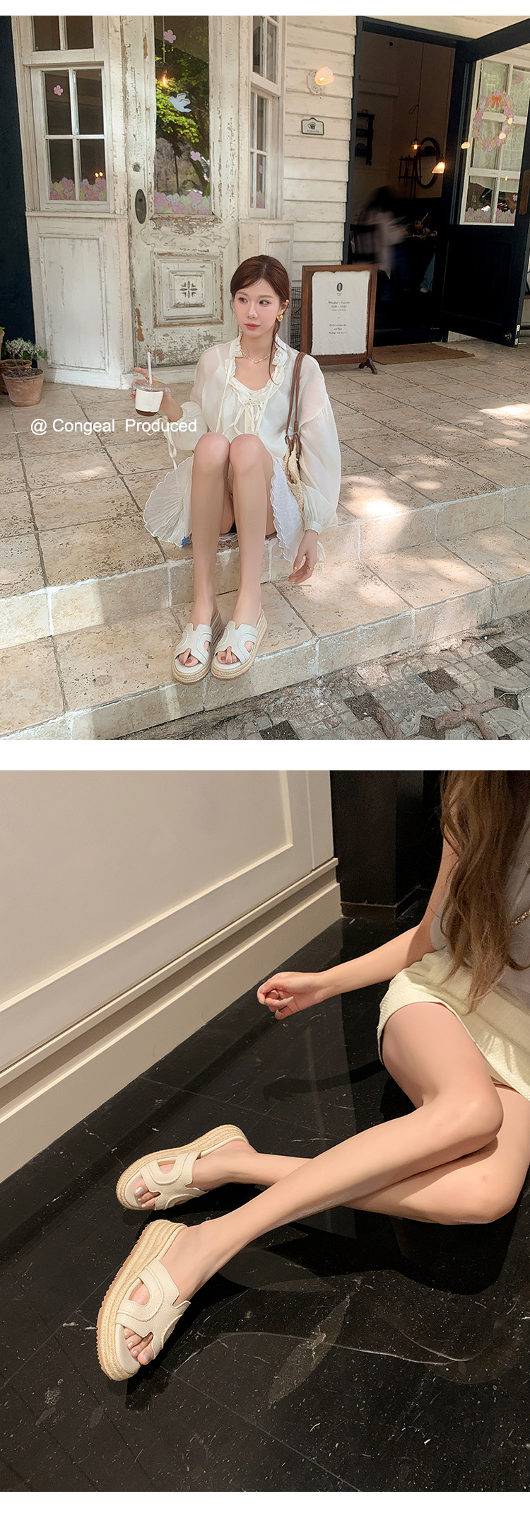 Dép sandal nữ quai chữ H đế đan rơm cao gót xuồng — màu trắng ngà, bạc chi tiết 16