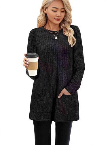 European and American autumn and winter medium and long sweater round collar pit strip solid color pockets long source