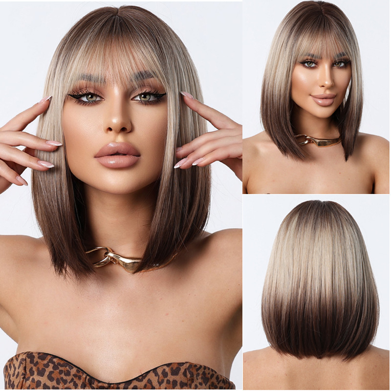 European and American Cross-Border Wig Female Bob Full Headband Short Hair Gradient Gray Brown Shoulder-Length Wig Factory Ready Stock Wholesale European and American Cross-Border Wig Female Bob Full Headband Short Hair Gradient Gray Brown Shoulder-Length Wig Factory Ready Stock Wholesale