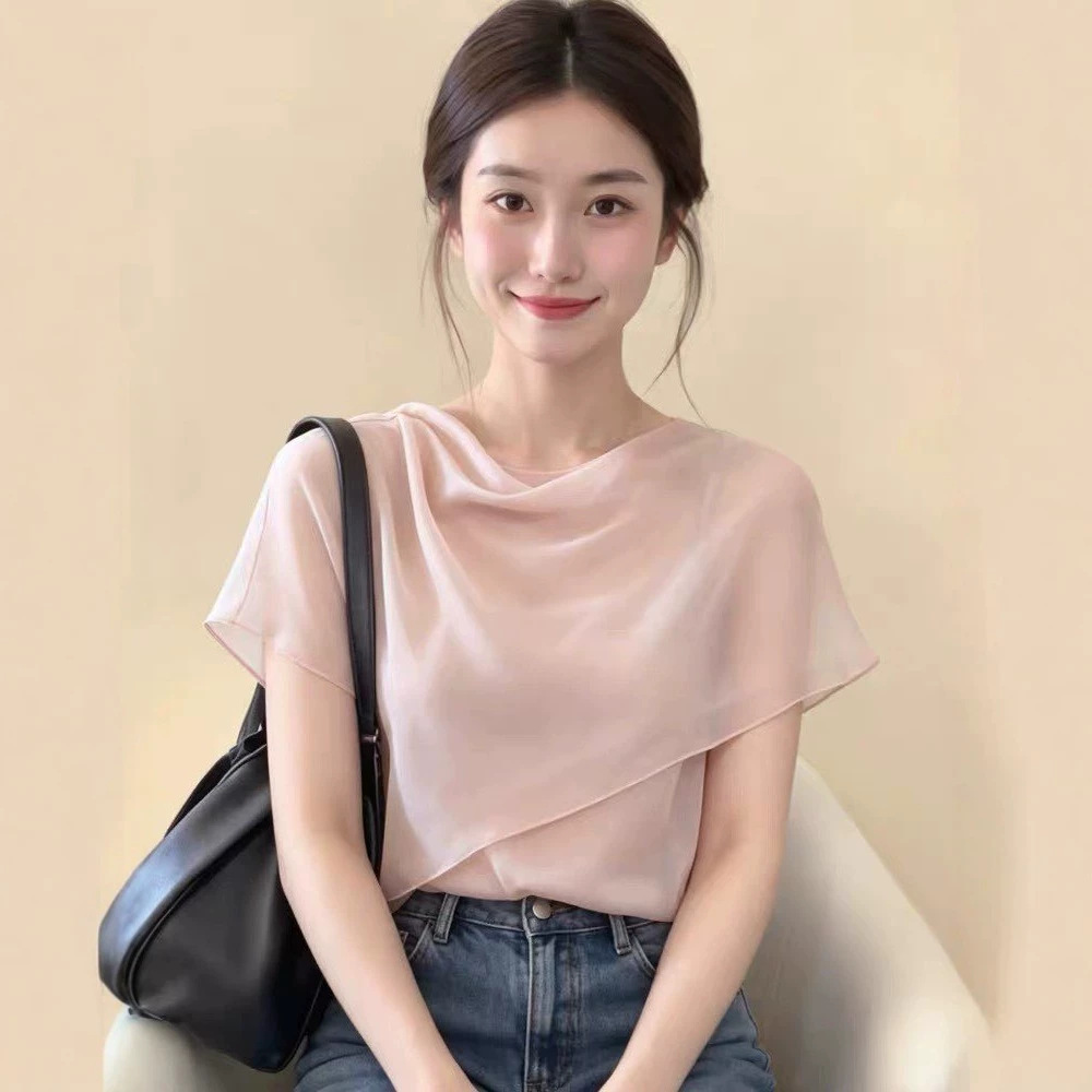 Áo sơ mi nữ tay ngắn cổ lắc choàng kiểu Pháp thiết kế sang trọng — màu hồng chi tiết 3