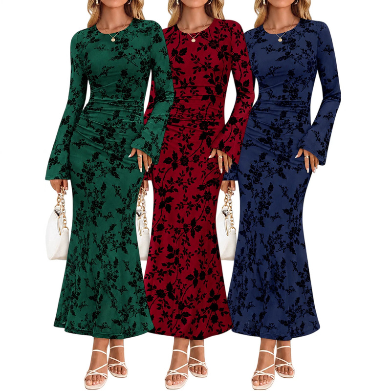 2026 Slim Fit Flared Sleeve Long Sleeve Mermaid Dress Amazon New European and American Women's Autumn Floral Dress 2026 Slim Fit Flared Sleeve Long Sleeve Mermaid Dress Amazon New European and American Women's Autumn Floral Dress