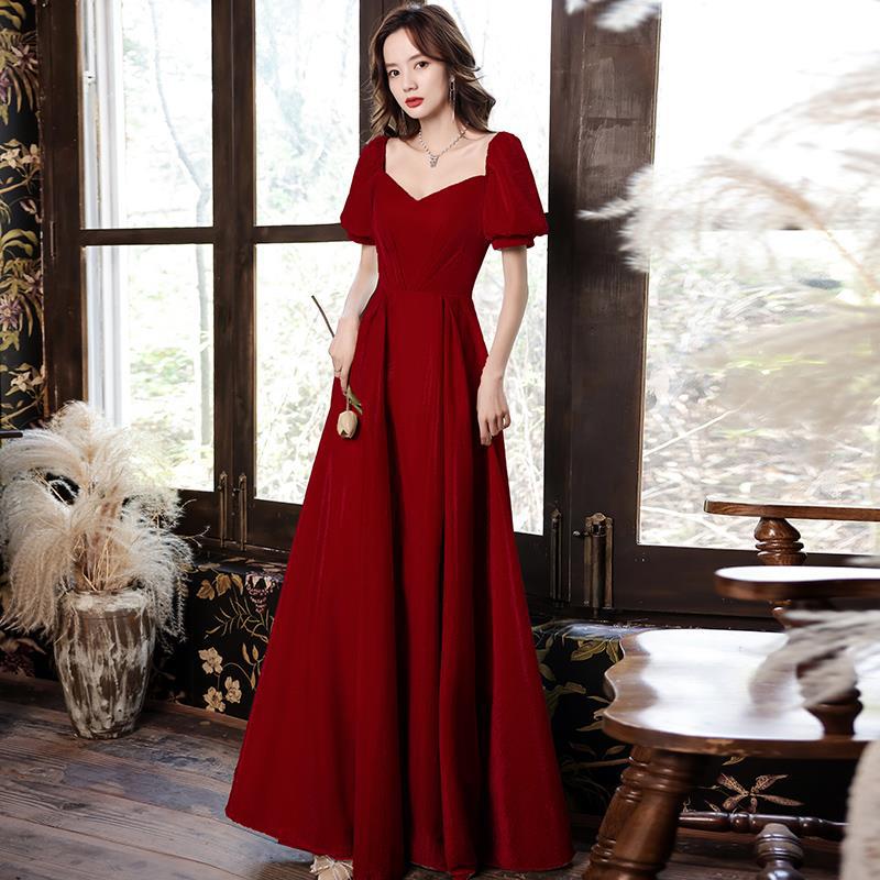 Vestido tostado novia vino rojo verano estilo de un hombro vestido largo orden boda de regreso a la puerta Gracias banquete vestido de noche