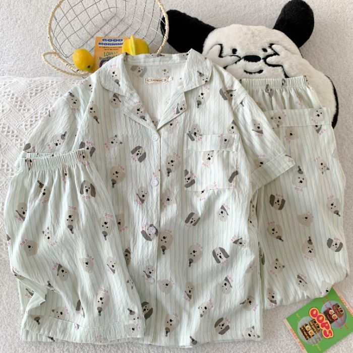Verano nuevo estilo pijama mujer nube algodón 120g solapa cárdigan pantalones cortos de manga corta pantalones de tres piezas lindo servicio a domicilio