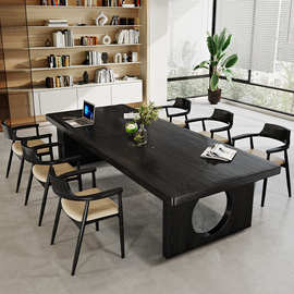 新中式实木碳化黑色创意设计桌子 诧寂风工作台长条会议桌椅