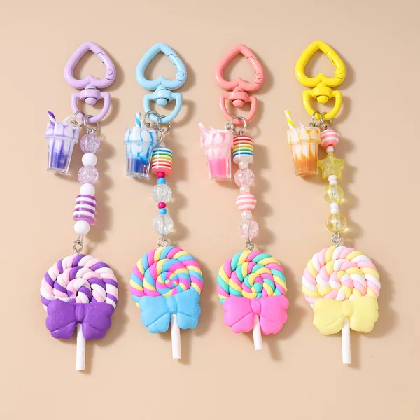 European and American Cross-Border Soft Clay Striped Beaded Ice Cream Keychain Simulation Lollipop Keychain Keychain Bag Pendant