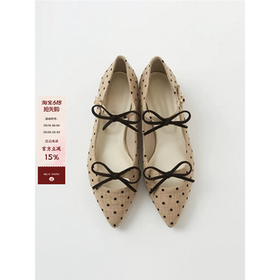 Ready Stock ~ Polka Dot Retro Style Thick Heel Flats 2025 Summer Cute Bow Double Buckle Work Clothing Soft Sole Not Tiring for Women