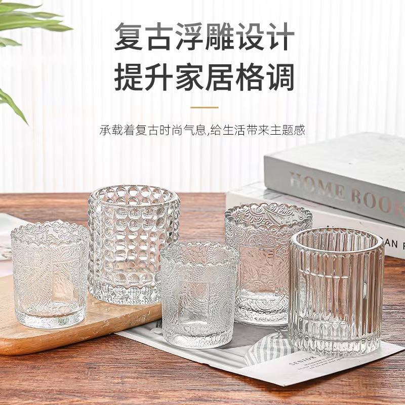 Relieve taza de cera de incienso taza de vidrio punto vertical cuadrado taza de cera de té encaje taza de candelabro hecha en casa candelabro DIY