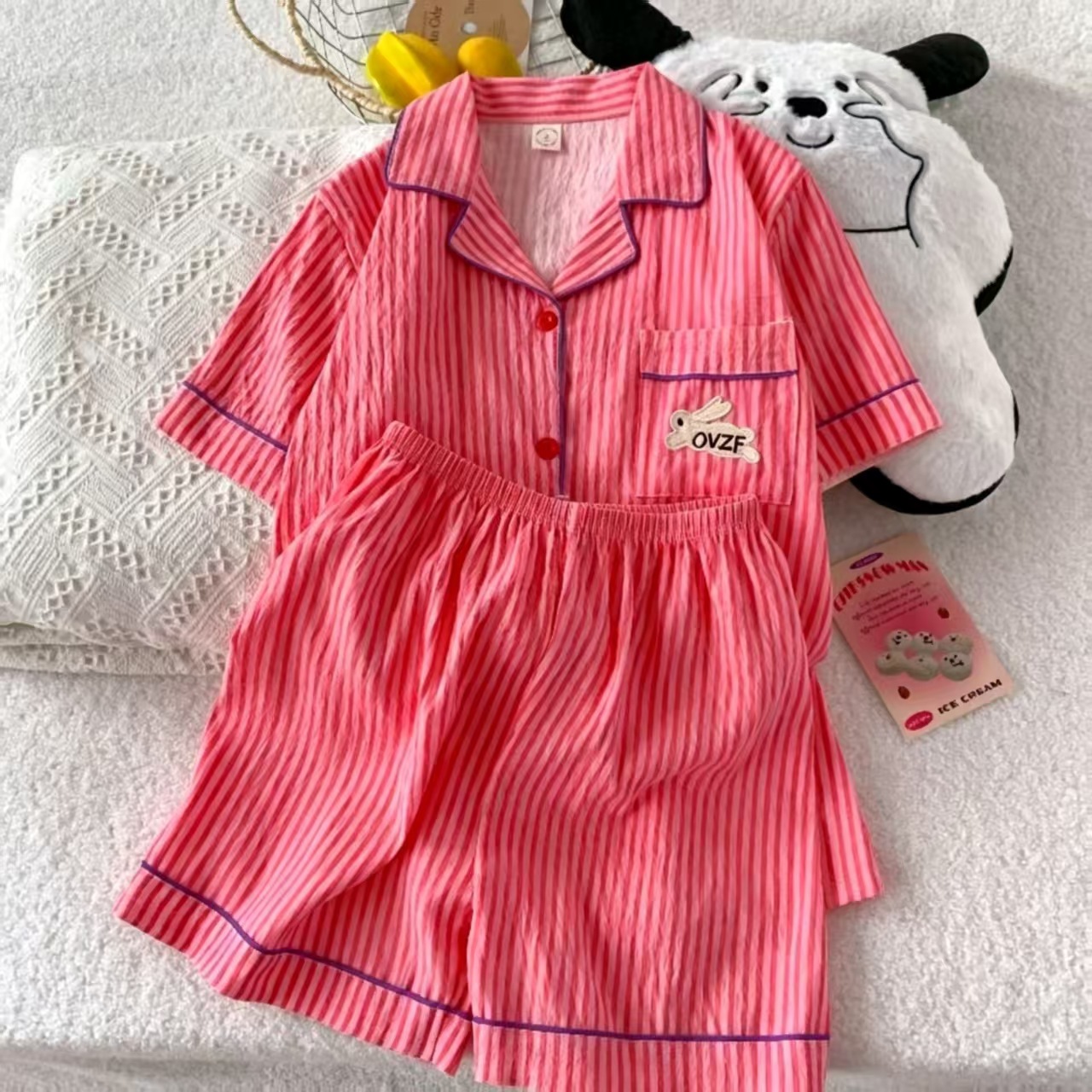 Verano nuevo pijama de algodón nube mujer dibujos animados bordados pantalones cortos de manga corta dos piezas pareja de estudiantes ropa de hogar grande