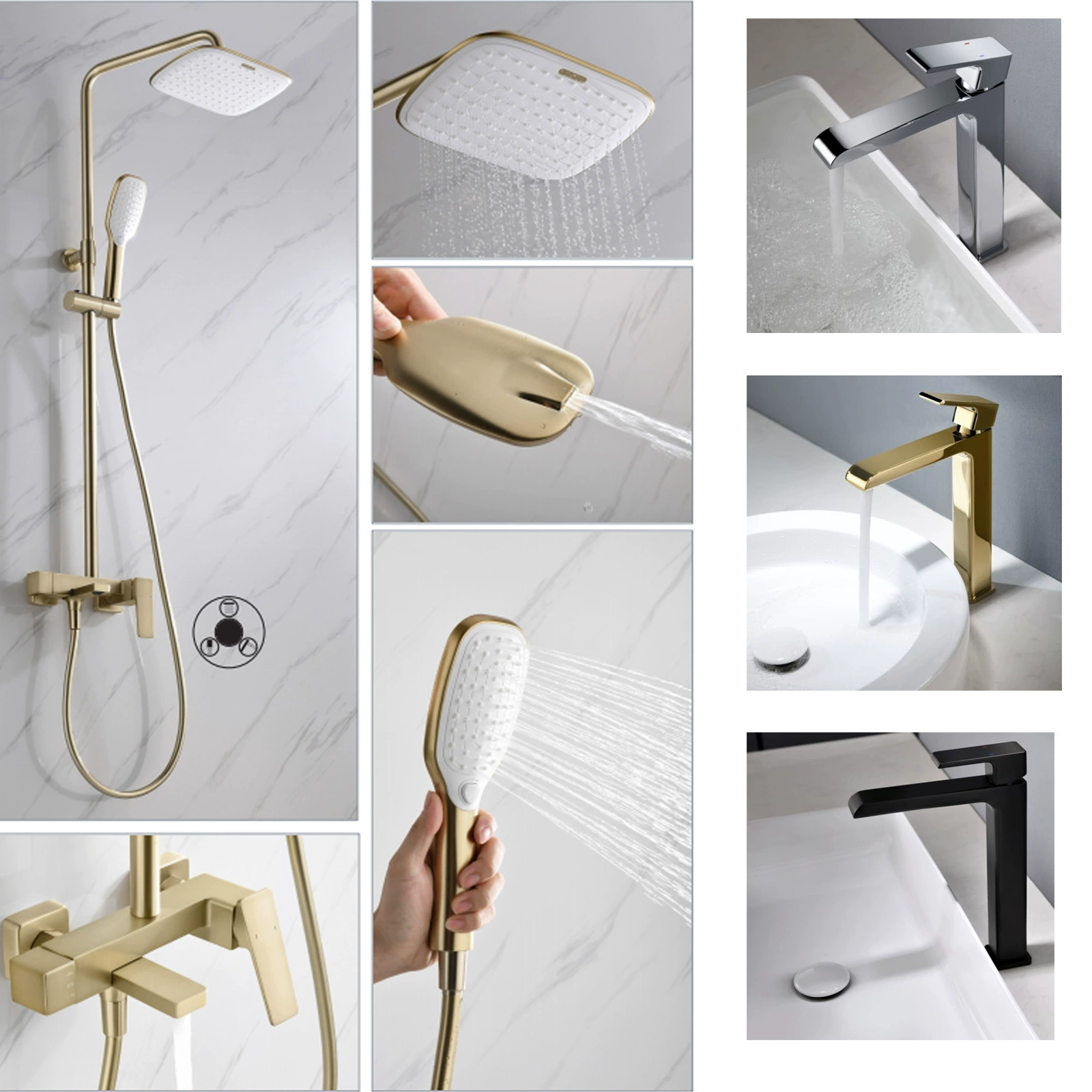 Производитель оптом смесителей для ванной комнаты HIDEEP, душевых гарнитуров с горячей и холодной водой, накладных, из шлифованного золота.