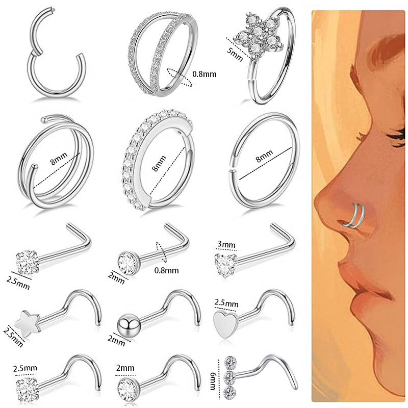 Nieuwe 15-delige set roestvrijstalen, grensoverschrijdende, populaire neuspiercings met open geometrische vormen en ingelegde zirkonia, inclusief koperen piercing._voghion.com