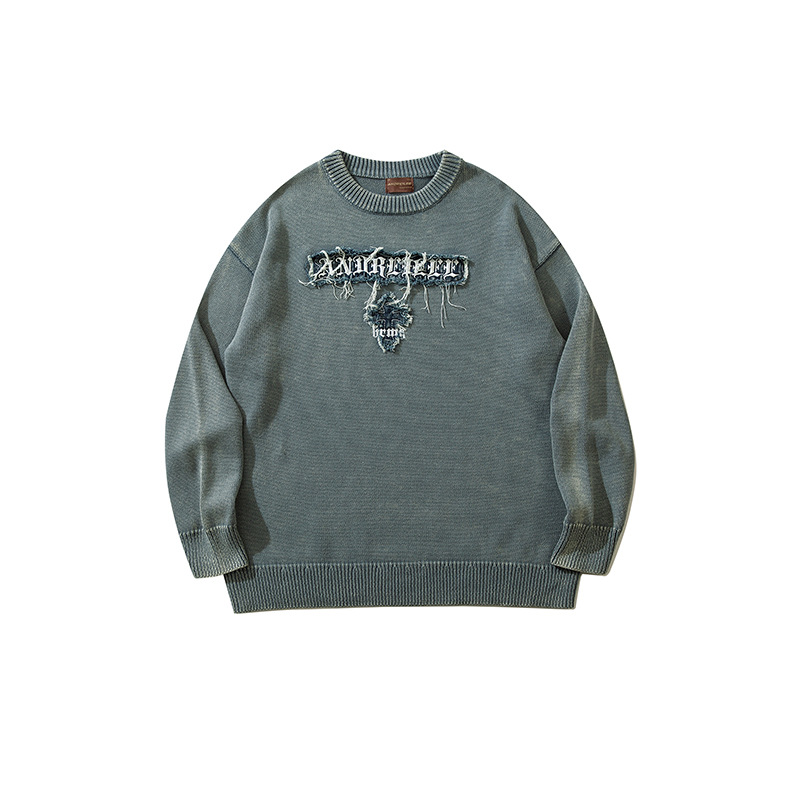 YWFG marca de moda americana retro letras 2024 primavera pareja alta versátil cuello redondo manga larga suéter de punto image 6