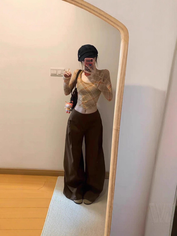 复古格纹u领中袖正肩T恤女秋季小个子修身收腰打底衫辣妹短款上衣|undefined