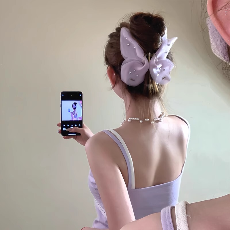 アクリルラインストーンメッシュバタフライクリップレディースファッションハイエンドヘアクリップミディアムヘアラージサメクリップ後頭部|undefined