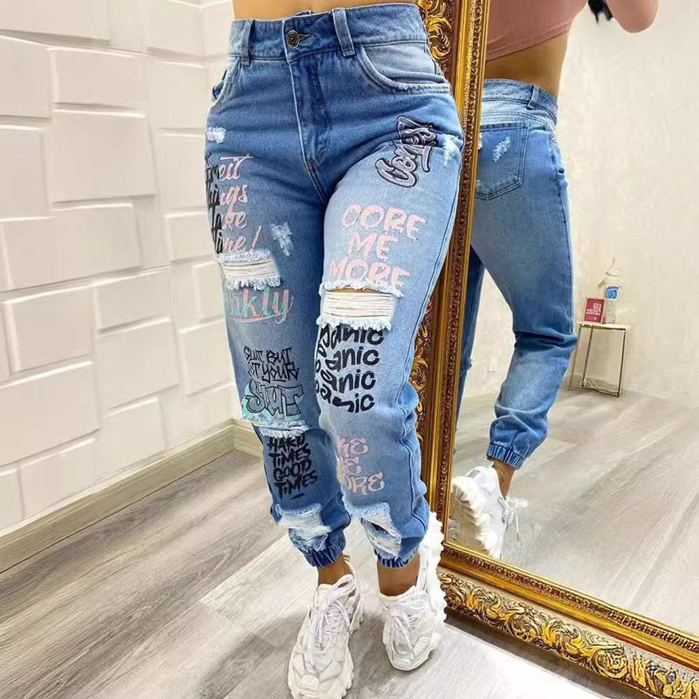 Women's Skinny Jeans Letter Print Ripped Washed Retro Relaxed Everyday Wear Comfortable Feshion_ecoleips.com