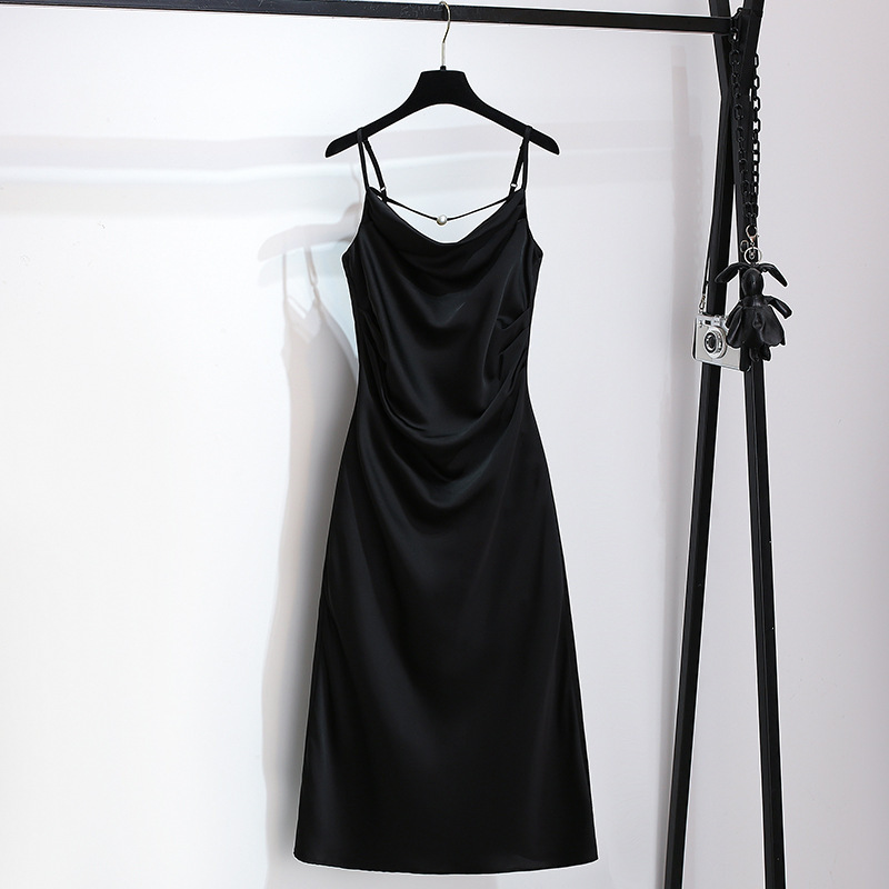 Super Stylish Black Acetate Satin Slip Dress for Women, 2026 Summer New Model, Elegant Waist-Cinching Bodycon Long Dress