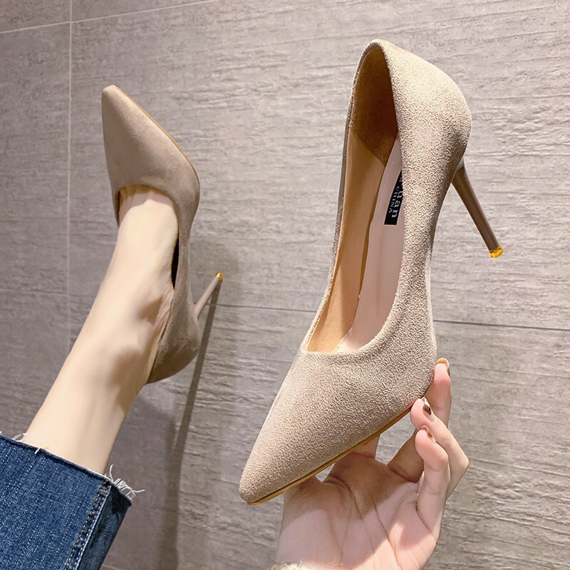 High-Heeled Shoes for Women with Pointed Toe and Stiletto Heels, Autumn and Winter New Suede Simple Work Clothing, Three-Heeled High-Heeled Women's Shoes