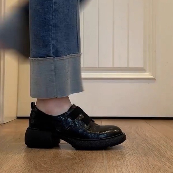 若纪原创真皮厚底魔术贴复古圆头乐福鞋女百搭英伦粗跟小皮鞋单鞋|undefined