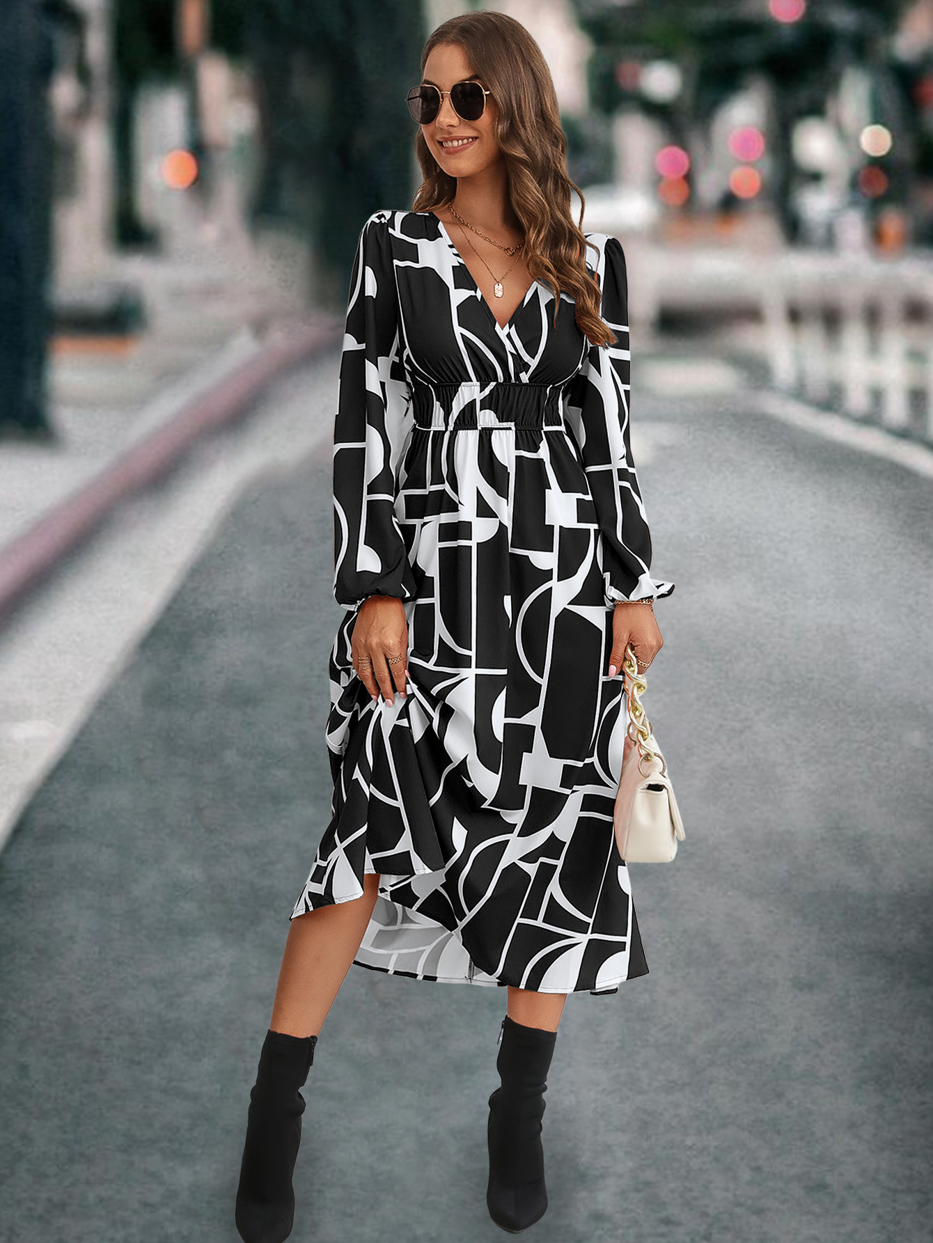 Robe imprimée à manches longues et col en V pour femmes, la plus vendue_voghion.com