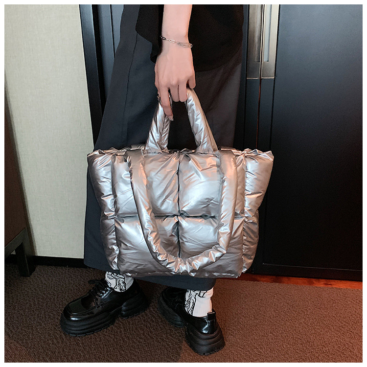 Down Bag Women Fashion Large Capacity Tote Bag High grade Shiny Handbag Simple Checkered Cotton Bag Shoulder Bag_voghion.com