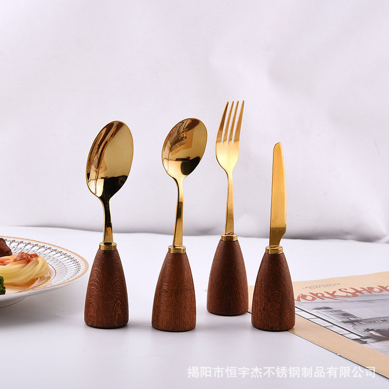 不锈钢勺子家用创意复古可爱风西餐餐具刀叉勺套装木柄