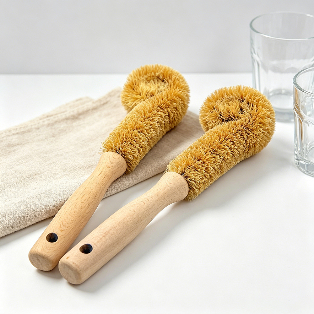 Cepillo de limpieza diaria para cocina con mango de madera, cepillo para vasos de coco, herramienta de limpieza de vidrio con mango largo para uso doméstico.