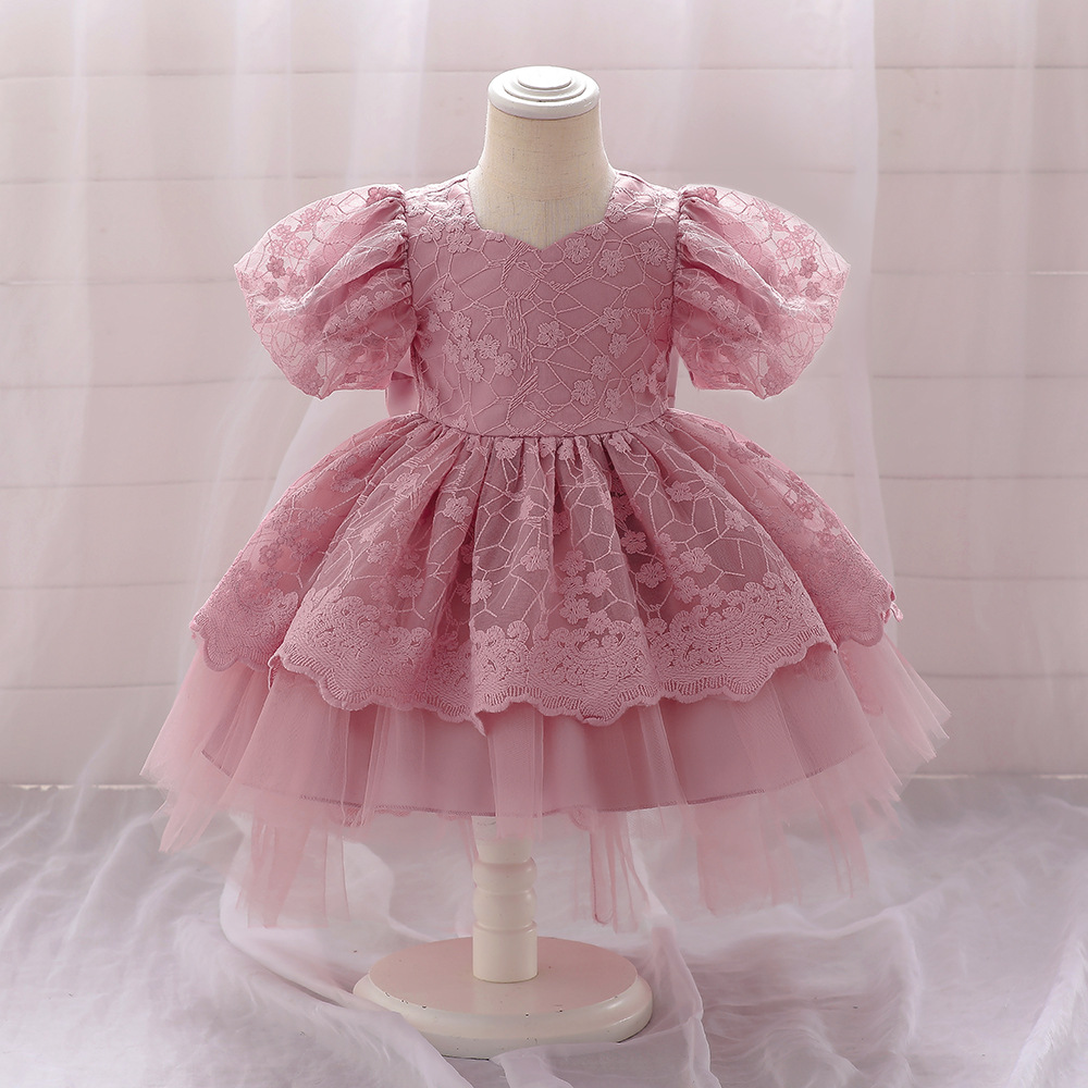 歐美生日宴會晚禮服泡泡袖網紗拖尾裙蝴蝶結公主裙子洋氣禮服女童