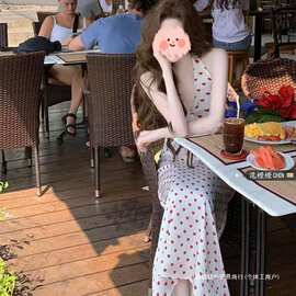 法式甜美挂脖爱心波点连衣裙女+开衫两件套26新款红色外套涤纶