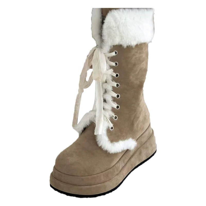 Женские меховые зимние сапоги 2025 года, новые винтажные, на толстой подошве, с флисовой подкладкой, теплые, до середины икры, на шнуровке, в стиле Мартин.
